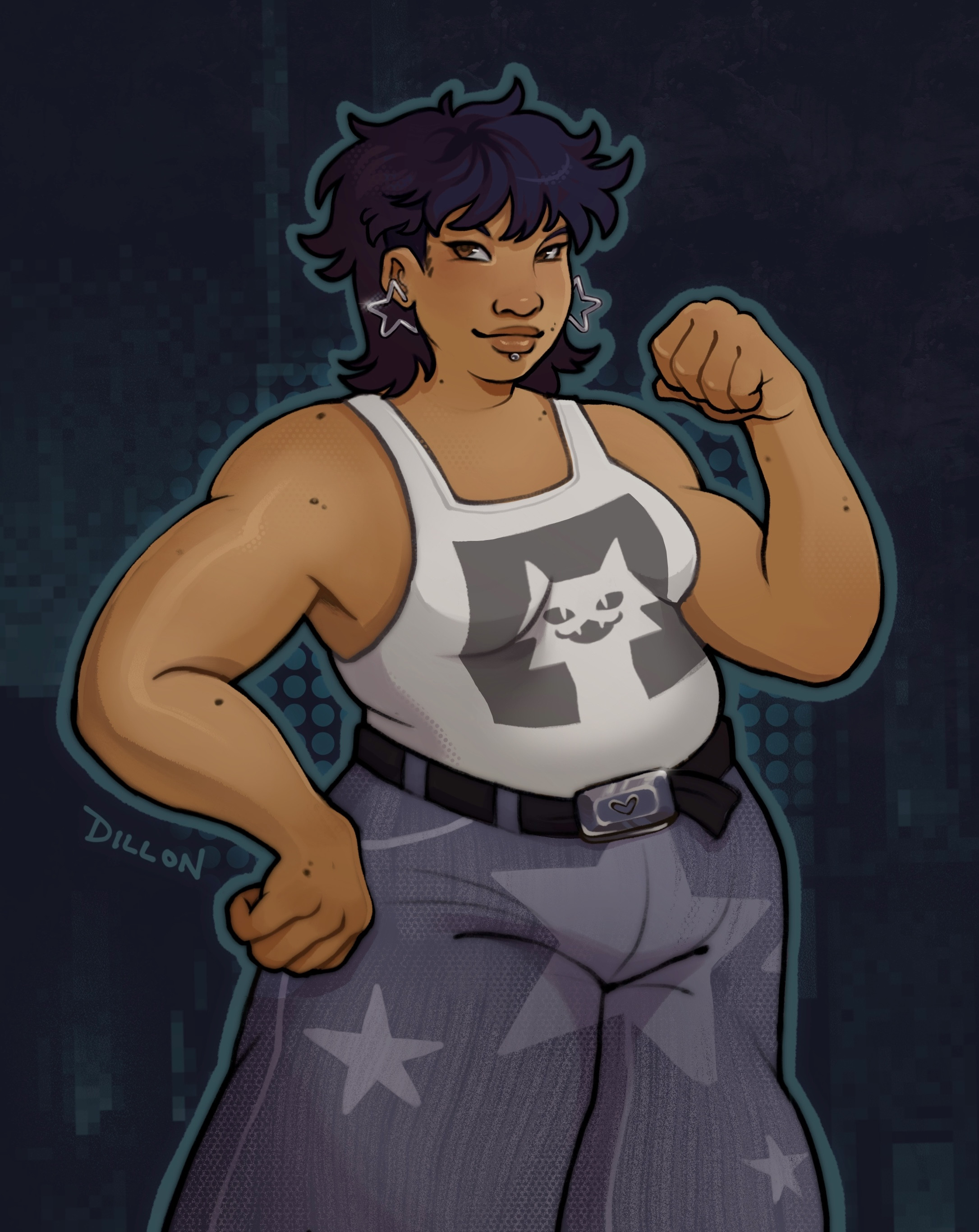 Strong lesbian wearing a cat tank top.